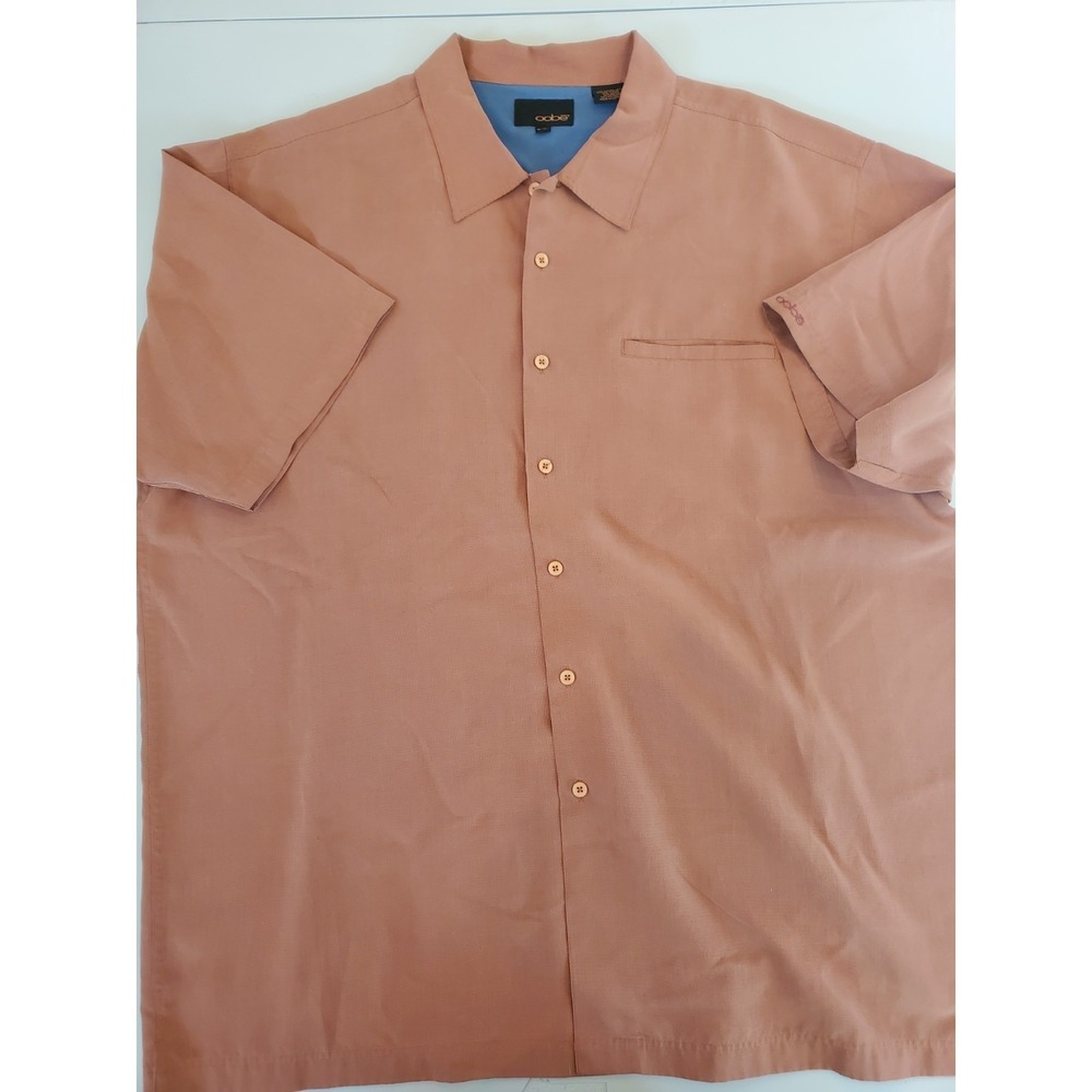 Oobe Mens XL Short Sleeve Button Down Shirt Terracotta Rayon Blend Textured Pkt